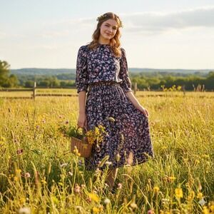 Caroline Wells Floral Midi Dress‎ Women Size 8 Elastic Waist Cottagecore Prairie